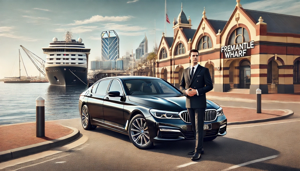 Black BMW 7 Series luxury vehicle parked at Fremantle Wharf, with a professional chauffeur ready to greet cruise passengers in front of the Fremantle Passenger Terminal. A premium transportation option for cruise travellers seeking a smooth, stylish transfer to Perth and beyond.