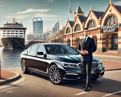 Black BMW 7 Series luxury vehicle parked at Fremantle Wharf, with a professional chauffeur ready to greet cruise passengers in front of the Fremantle Passenger Terminal. A premium transportation option for cruise travellers seeking a smooth, stylish transfer to Perth and beyond.