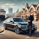 Black BMW 7 Series luxury vehicle parked at Fremantle Wharf, with a professional chauffeur ready to greet cruise passengers in front of the Fremantle Passenger Terminal. A premium transportation option for cruise travellers seeking a smooth, stylish transfer to Perth and beyond.